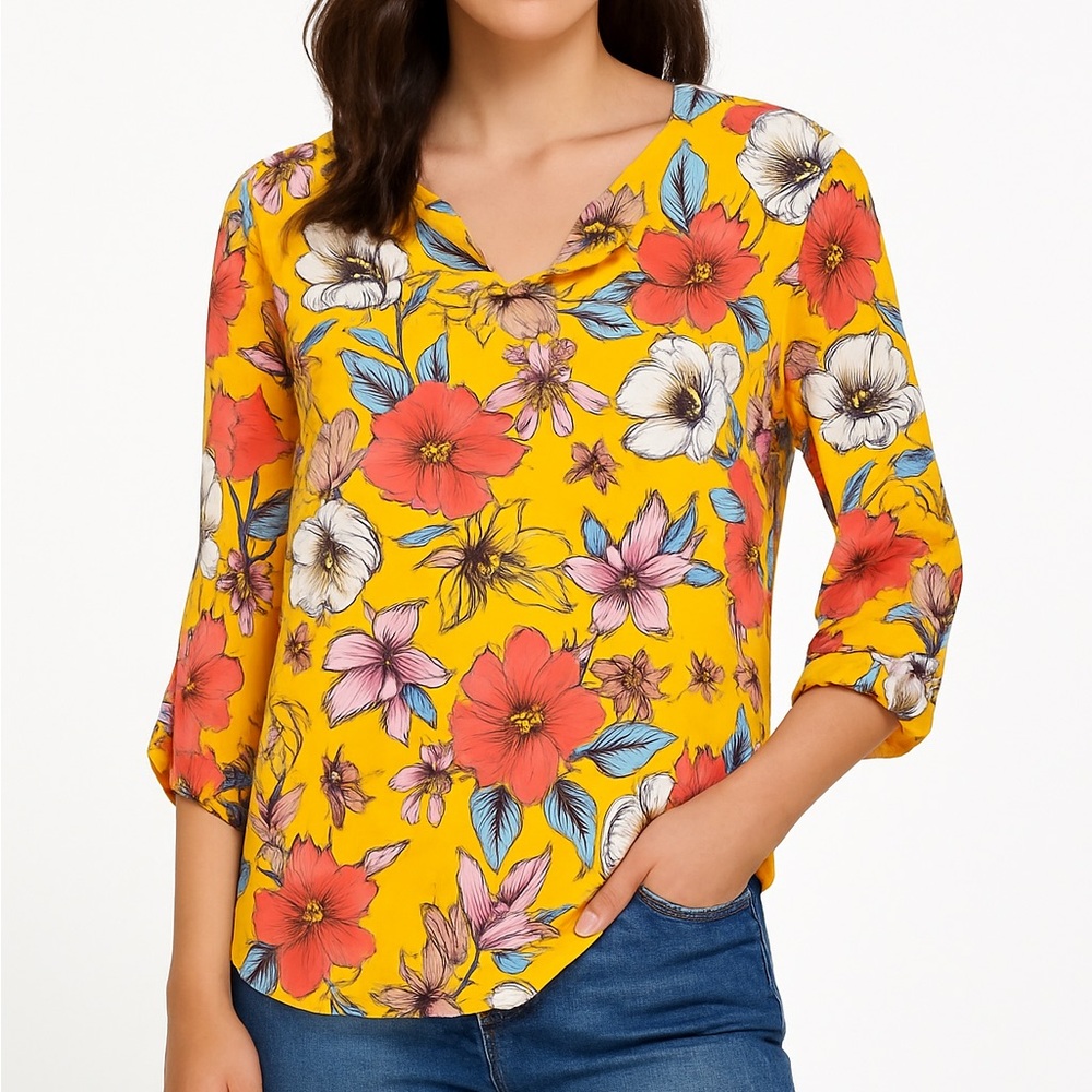 DR2 Yellow Floral Blouse Women’s Size M | V-Neck 3/4 Sleeve Lightweight Top